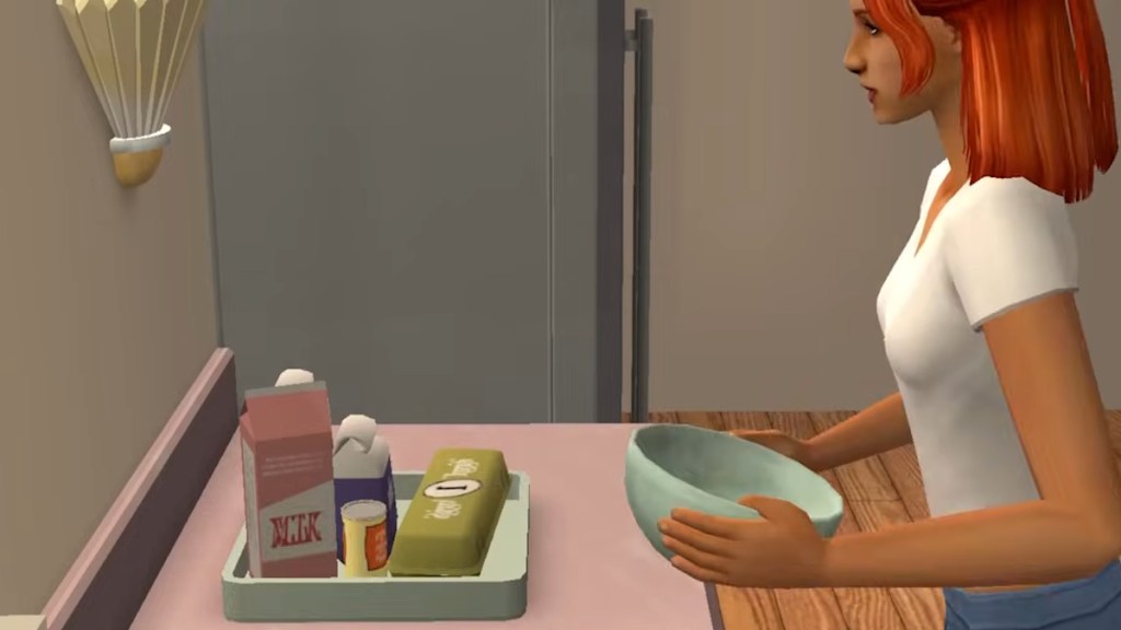 A Sim cooking on a countertop