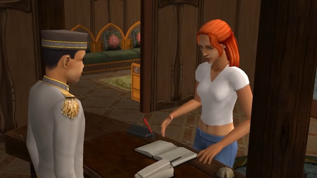 A Sim checking into a hotel