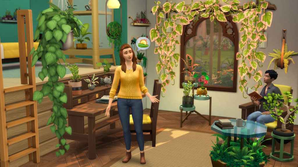 A Sim in a room full of plants