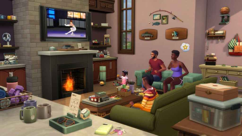 Sims in a cluttered living room