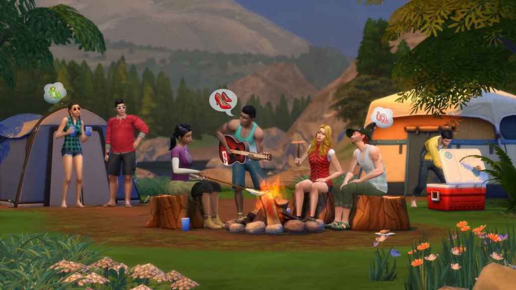 Sims camping around a bonfire