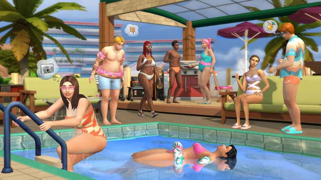 Sims hanging out by a pool