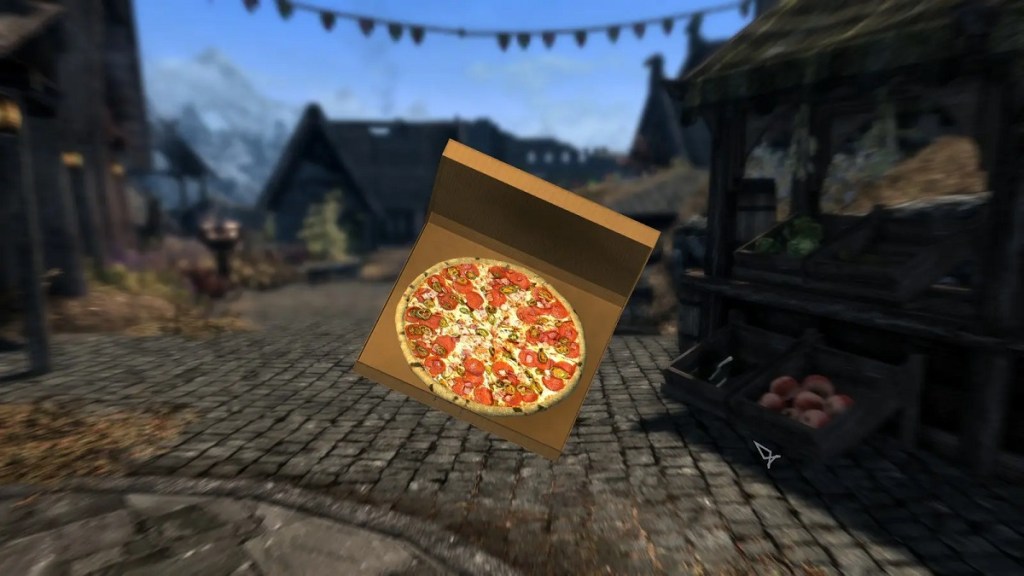 Skyrim: a pizza floats in the middle of the screen, with a blurry city in the background.