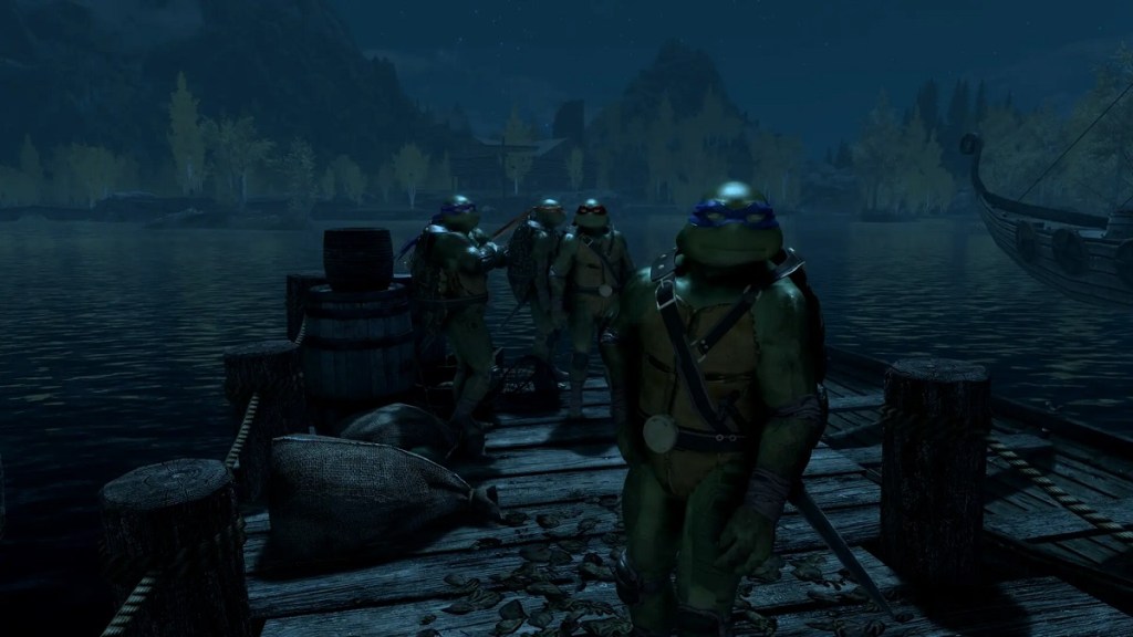 Skyrim: the four Teenage Mutant Ninja Turtles stand on the docks at night.