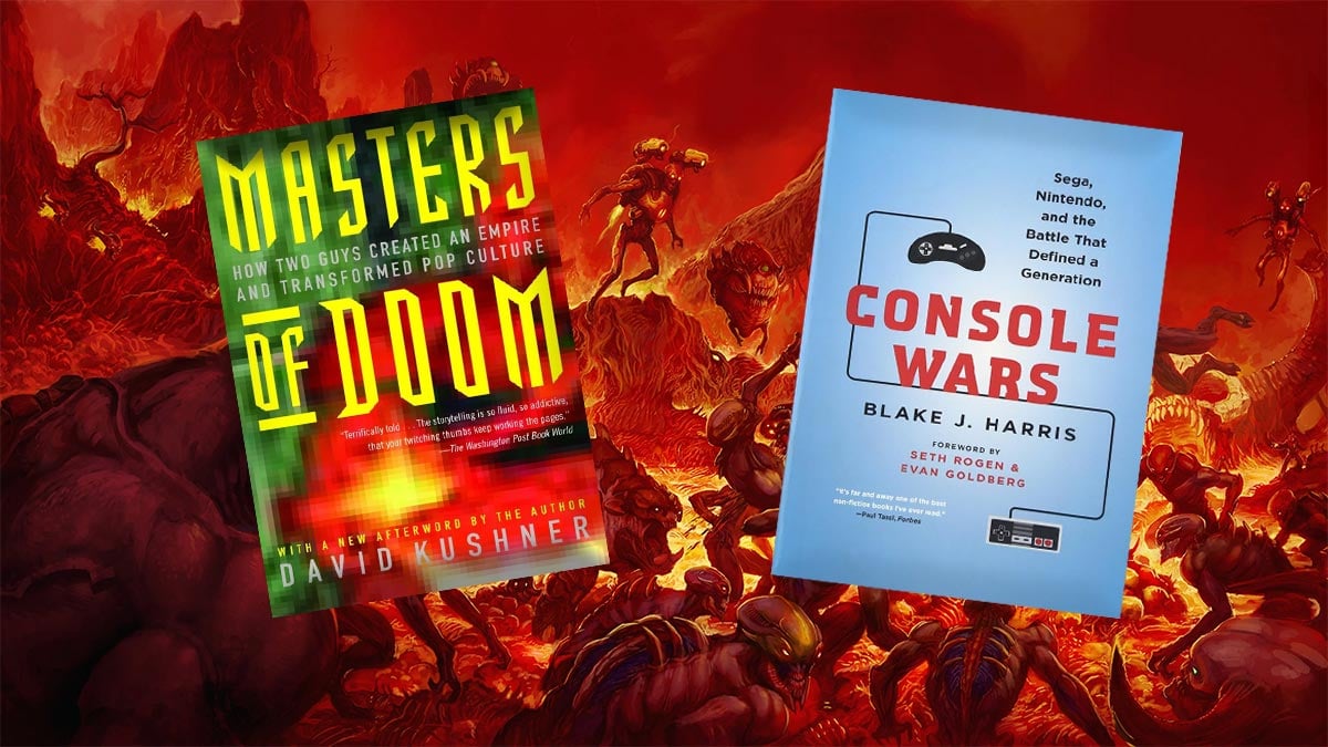 7 of the best books to learn about gaming history - Masters of Doom and Console Wars in front of a Doom background