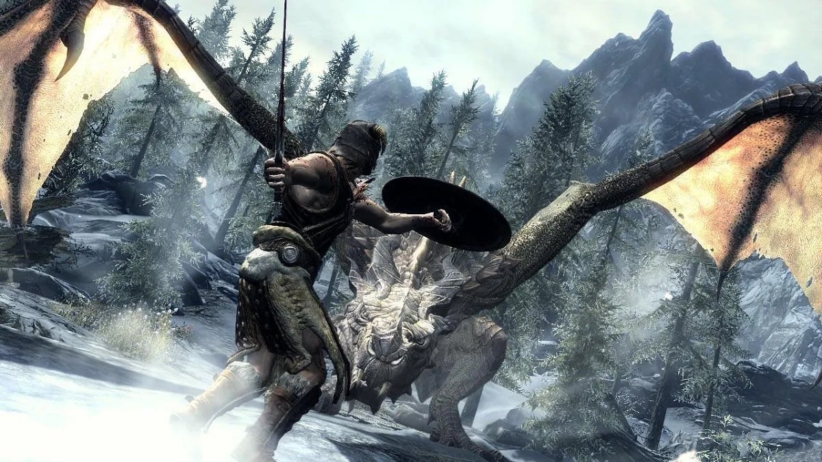 Skyrim: a fighter about to strike with their sword as a dragon lands in front of them.