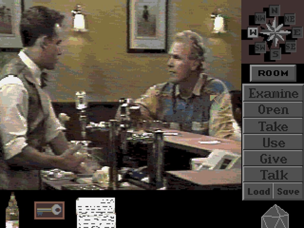 Two people talking at a pub in an adventure game