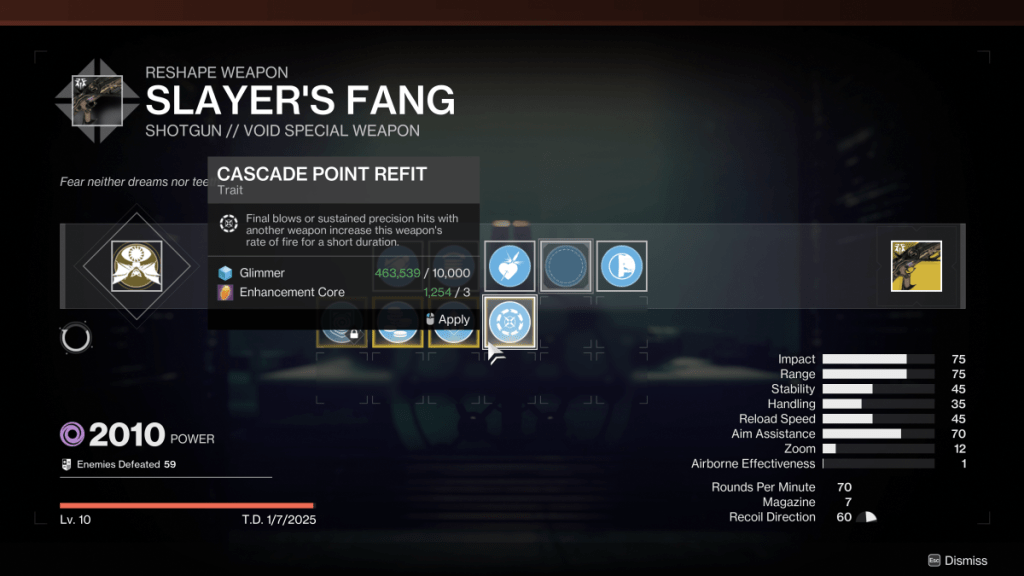 Destiny 2's Slayer's Fang shotgun crafting menu.