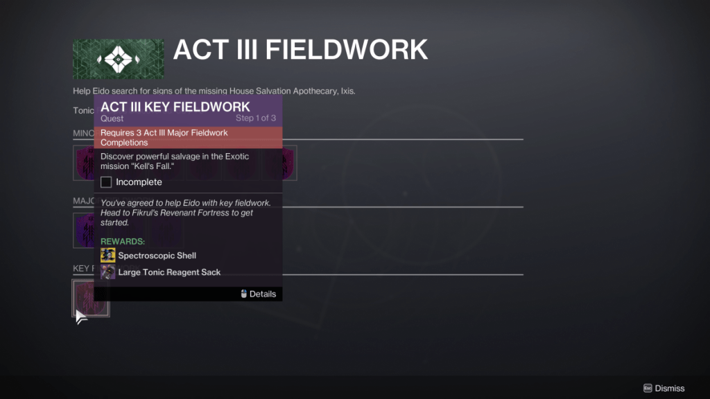 Destiny 2 Fieldwork menu for Act 3 of Episode: Revenant.