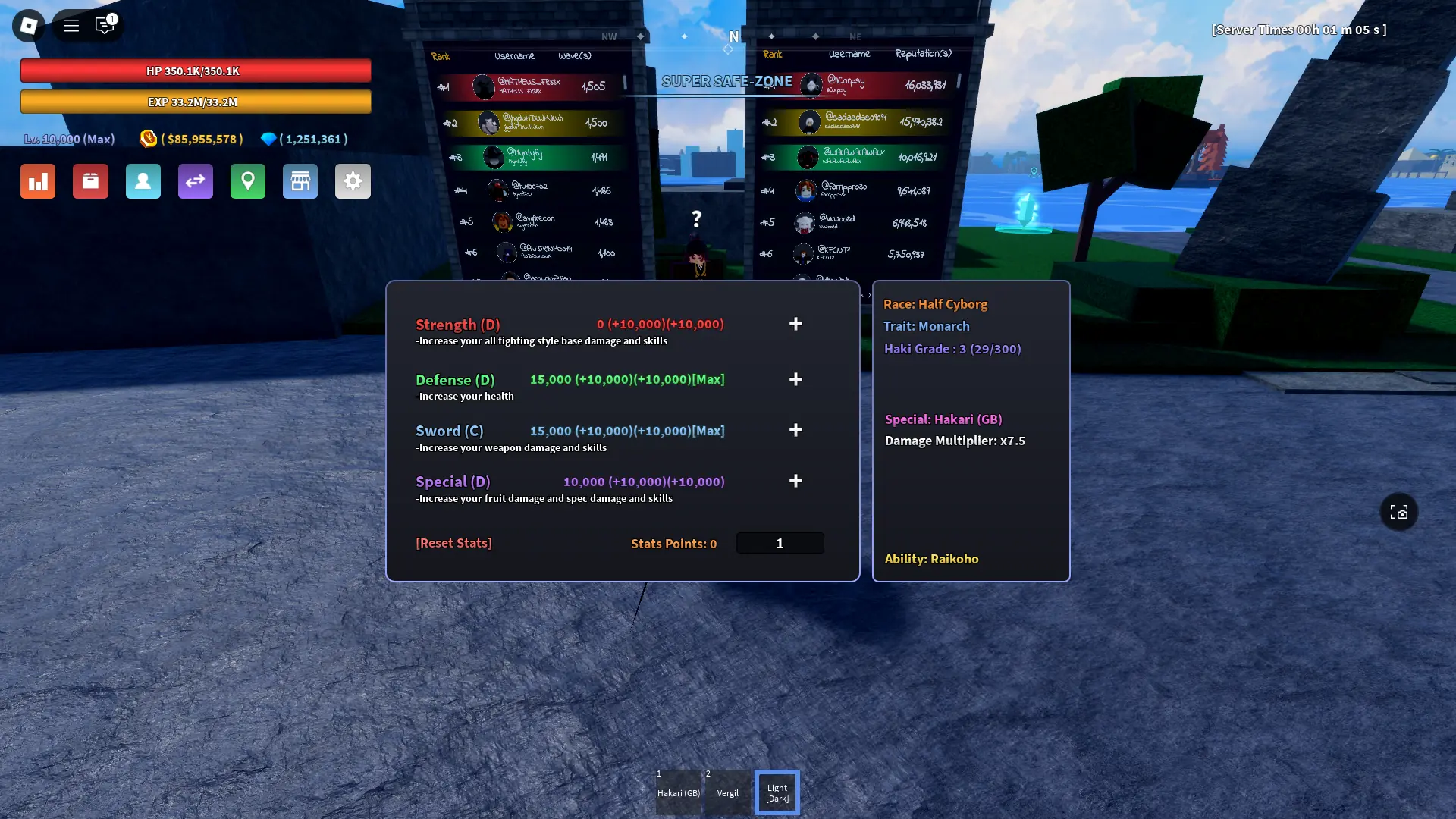 Preview of the stats menu with the Monarch trait in Verse Piece Roblox experience