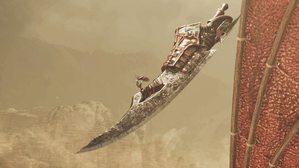 A Greatsword being thrown in Monster Hunter Wilds