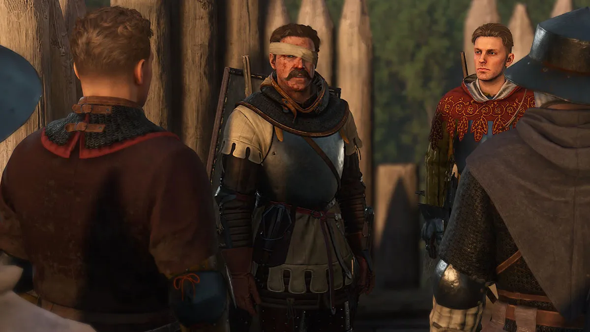 Henry, Hans, Zizka, and Godwin, as they appear during The Finger of God in Kingdom Come: Deliverance 2.