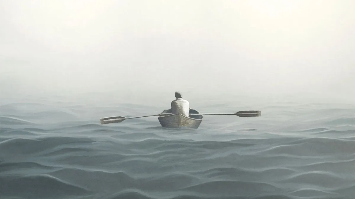 Illustration of man paddling on a canoe lost in the sea, abstract solitude concept