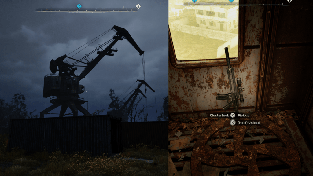 Dual image of the outside and inside of a massive construction crane, located in the Port Cranes area of the Zaton region in Stalker 2.