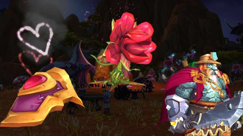 a piece of shoulder armor, a flower monster, and a dwarf wearing a pink shoulder cape