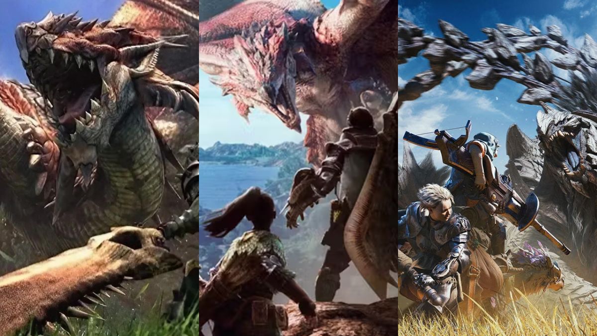 Promotional images for Monster Hunter, Monster Hunter Worlds, and Monster Hunter Wilds, side by side.