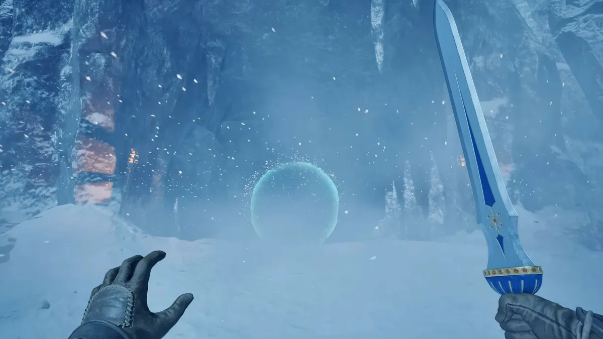 Avowed: Best Fighter Build - first person view of a man with a sword in an icy region