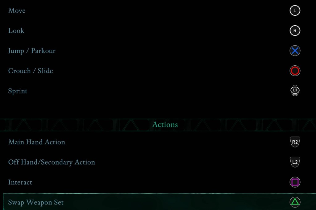 Screenshot from Avowed menu, which shows the Xbox button prompts have been replaced with PlayStation prompts.