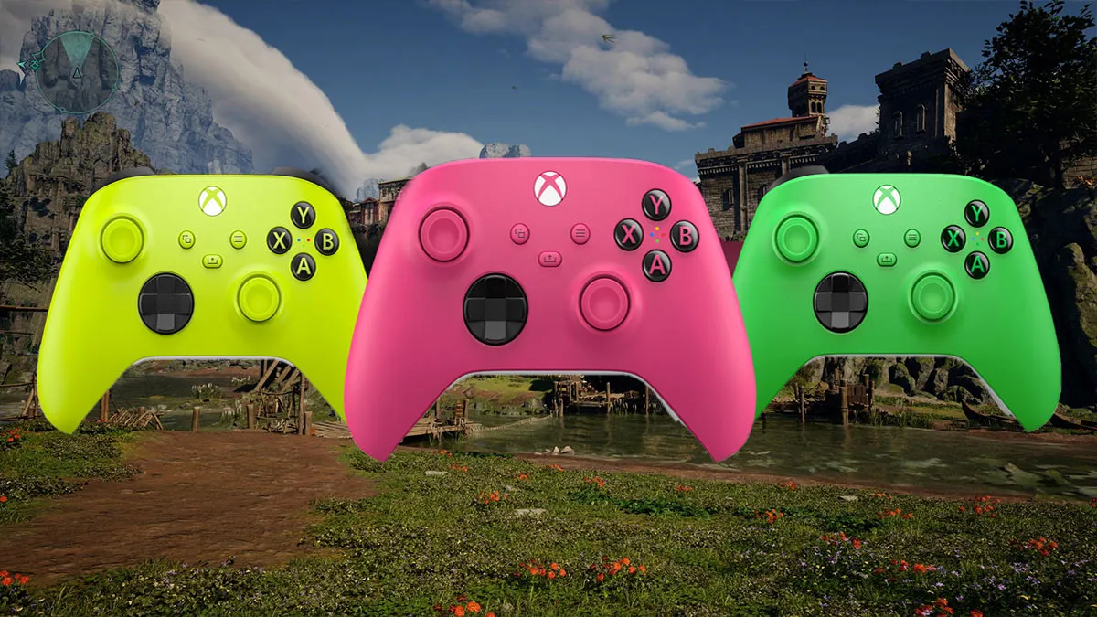 Avowed: Should you play on a controller or keyboard? - xbox controllers in front of a town in Avowed