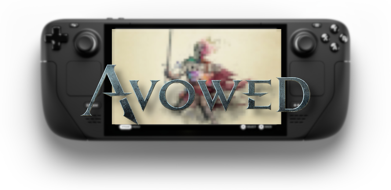 The Avowed logo with a slightly blurry Steam Deck behind it.