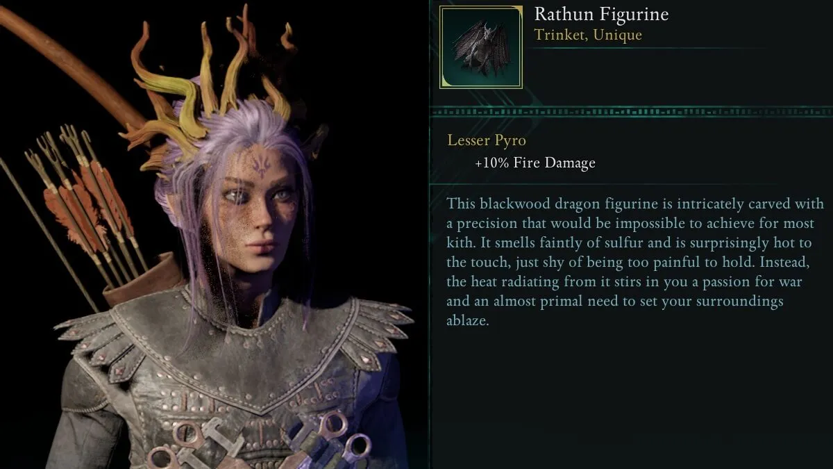 Avowed image showing the Godlike next to the Rathin Figurine Unique Trinket information.