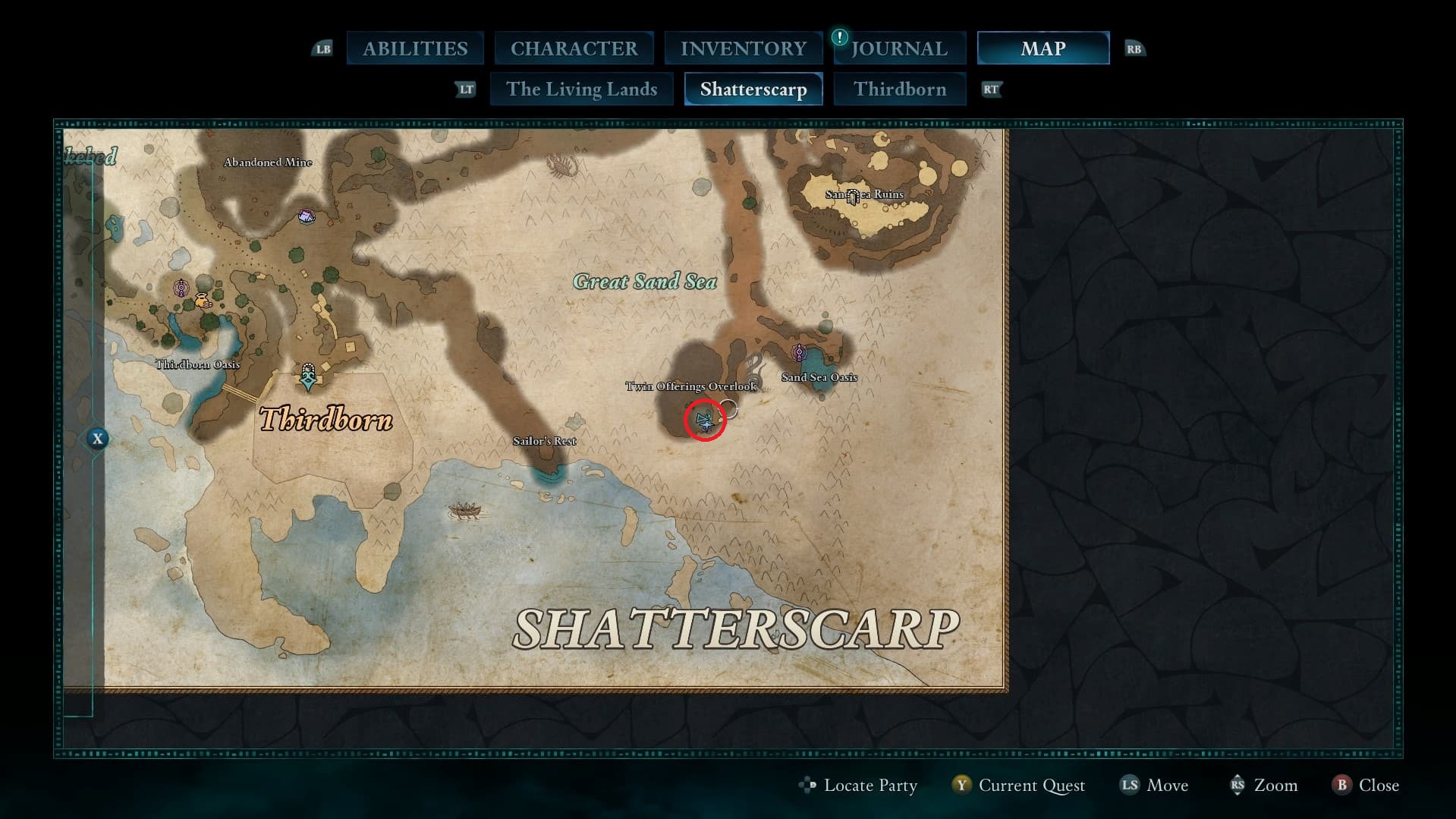 The map location of The Voice's ancient memory in the Shatterscarp region in Avowed