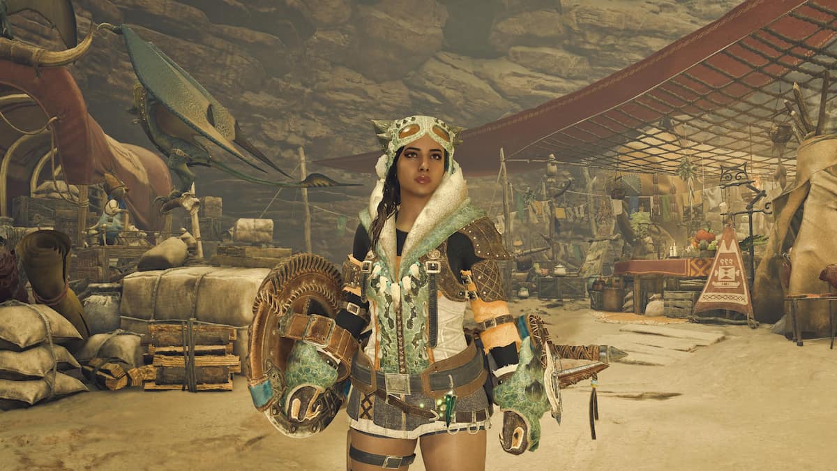 MHW playable character wearing Chatacabra armor set