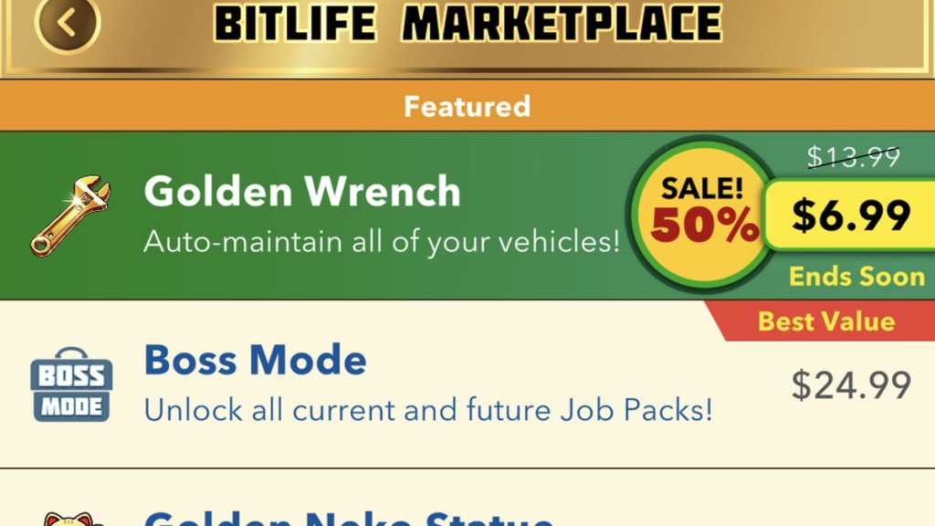 BitLife Golden Wrench in the marketplace