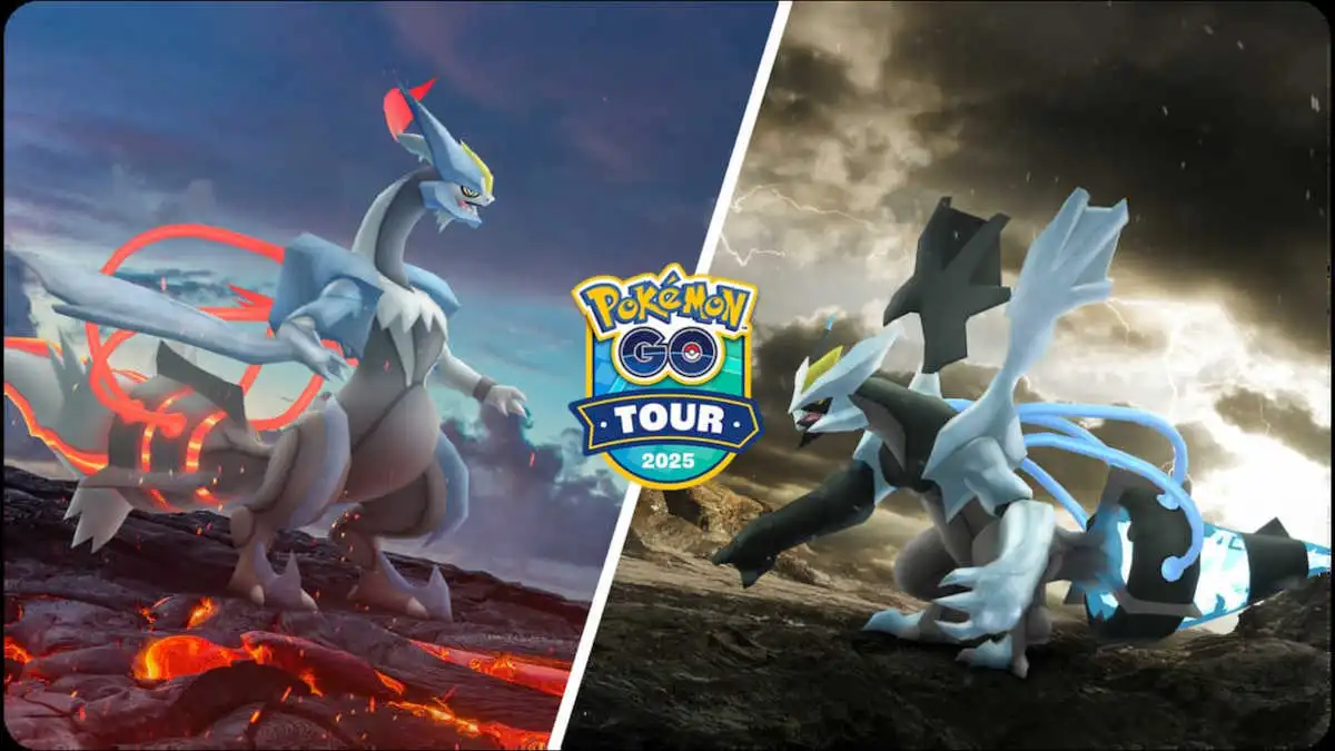 Official artwork for the Pokémon GO Tour: Unova featuring White and Black Kyurem