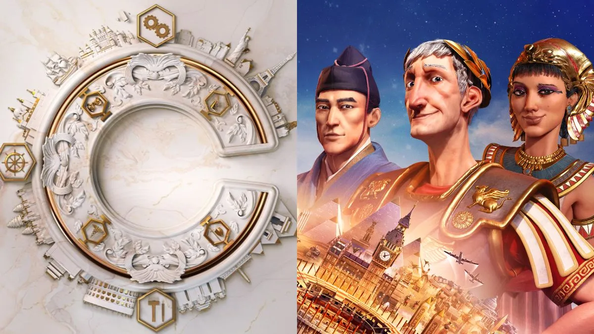 The Civilization 7 white and gold logo on the left with Civlization 6's leaders in the promotional art on the right.