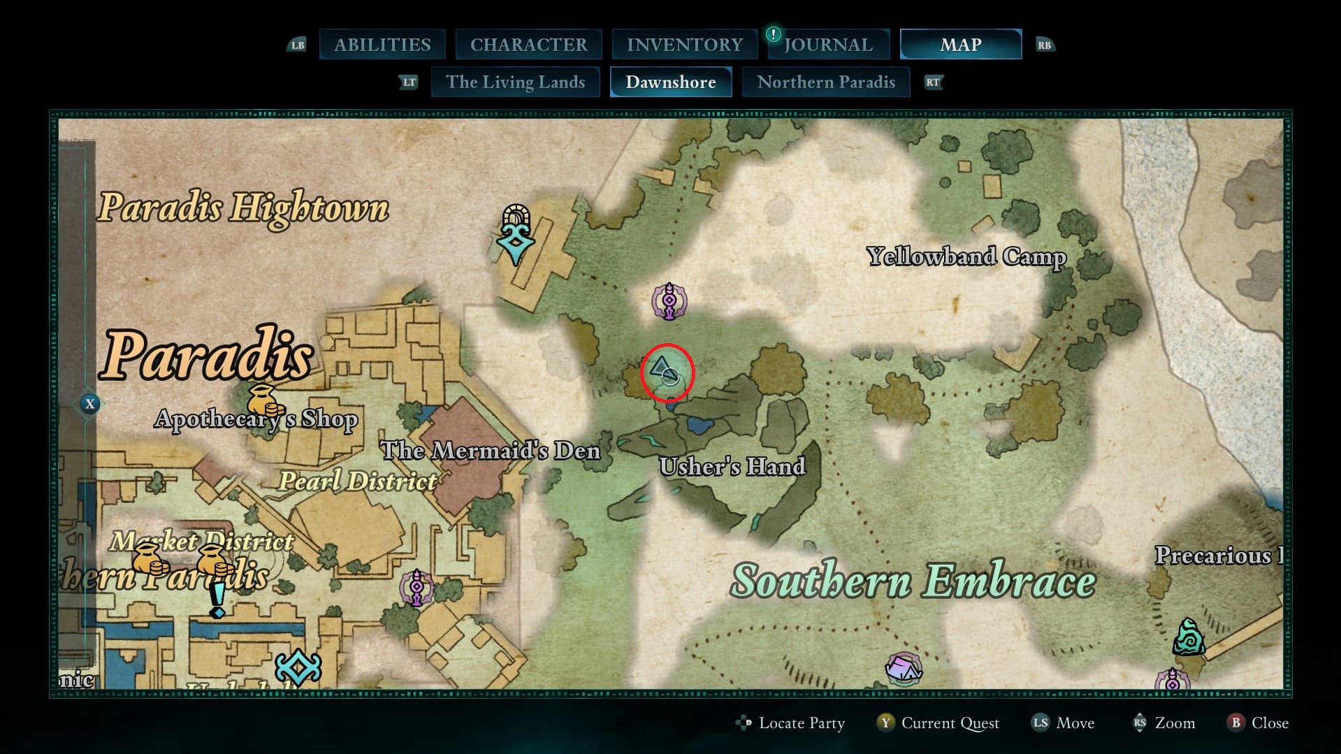 The Dawnshore Cartographer's location on the map in Avowed, circled in red