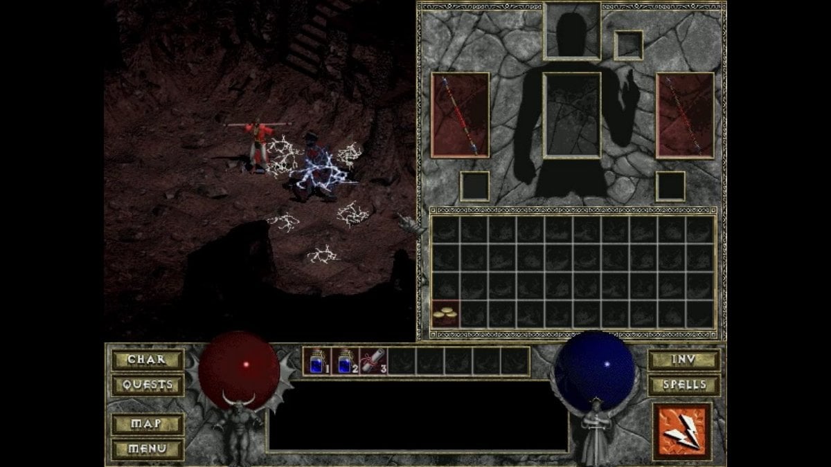 The inventory screen from Diablo, mostly empty.