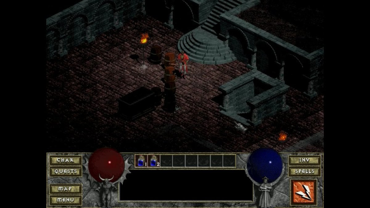 The sorcerer character in Diablo finding two sets of stairs very close to each other.