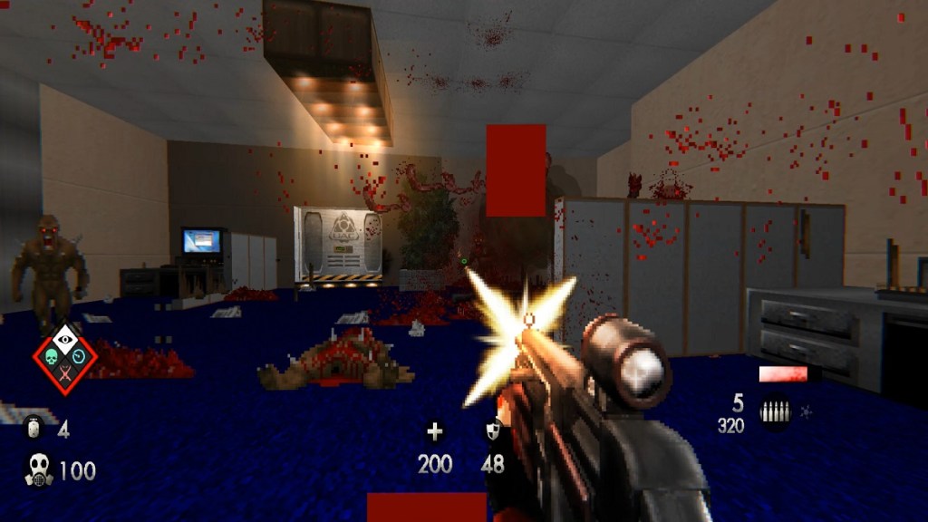 Doom 2: the player fires in a room, as gits spray everywhere.