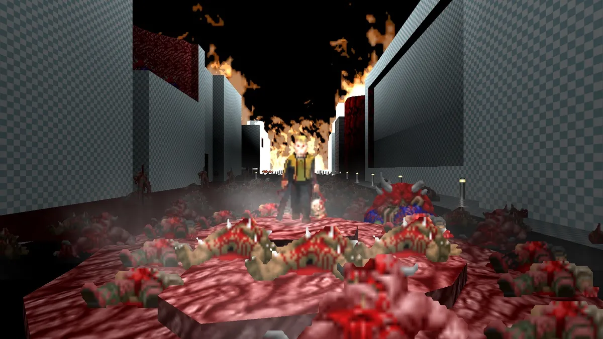 Doom 2: a mod showing BJ Blazkowicz from Wolfenstein standing over a horde of dead imps.