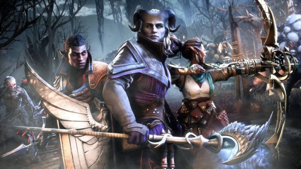 Dragon Age: The Veilguard promotional image of Rook, Davrin and Bellara.