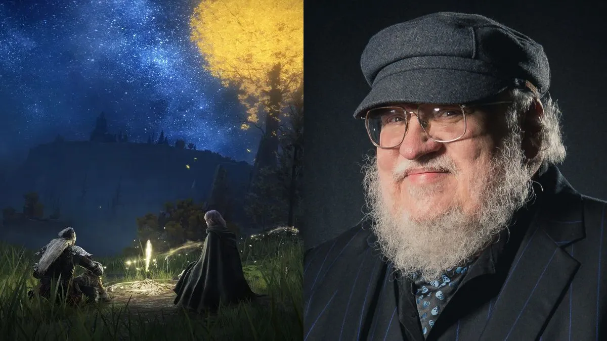 An Elden Ring promotional image on the left, George R. R. Martin picture on the right.