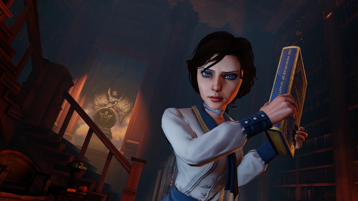 BioShock Infinite: Elizabeth holds up a book as though she's about to hit the player.