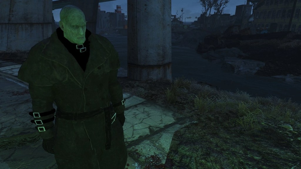 Fallout 4: the pale-faced Tyrant from Resident Evil glowing green under a bridge.