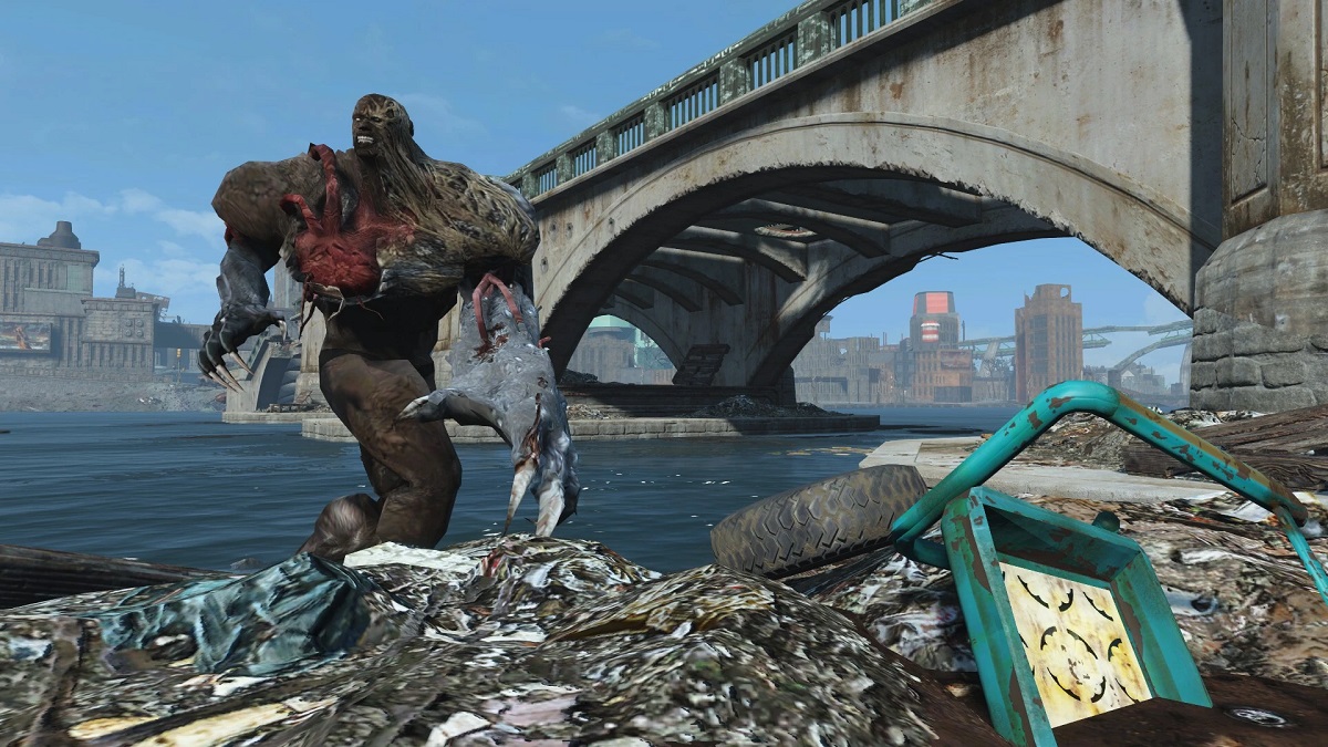 Fallout 4: a Tyrant creature from Resident Evil approaches over a pile of junk.