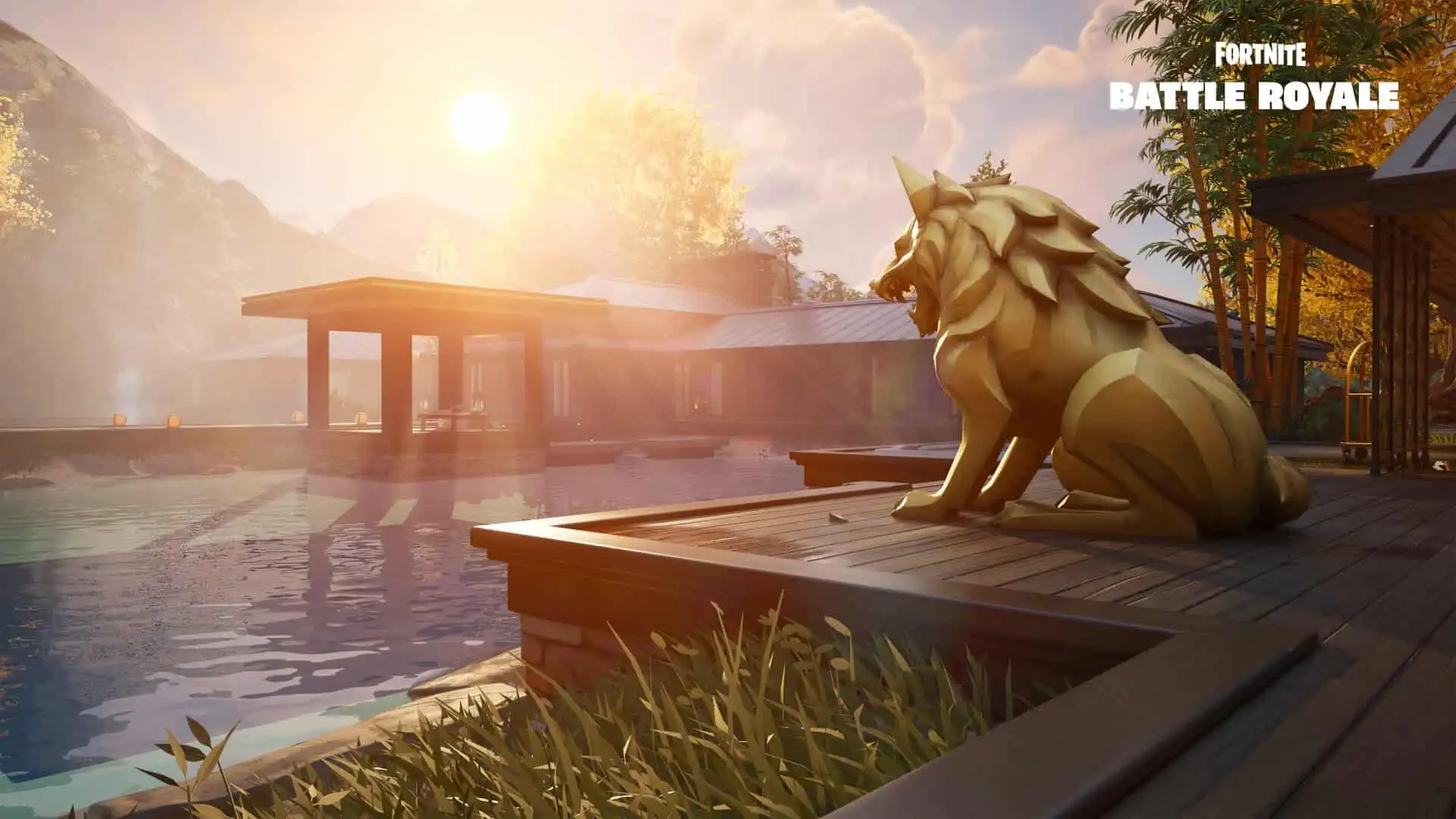 A golden lion statue in the sunset, sitting next to an artificial lake in Fortnite: Battle Royale,