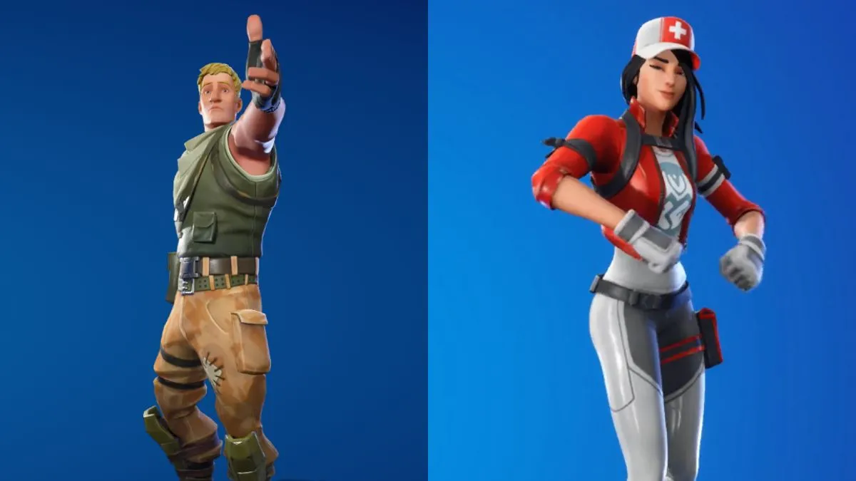 Two Fortnite characters performing Wanna See Me: a soldier striking a finger-gun pose and a paramedic dancing, set against a blue background.