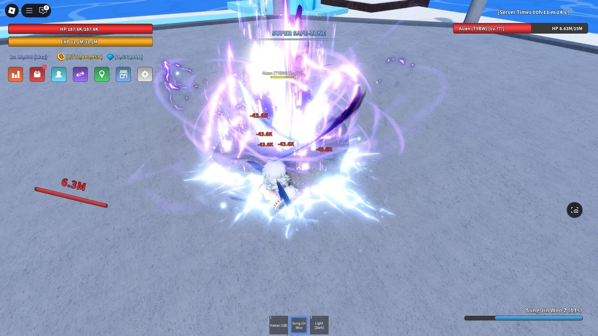 Aizen (TYBW) Boss in Verse Piece Roblox experience being frozen using the Ice Artifact