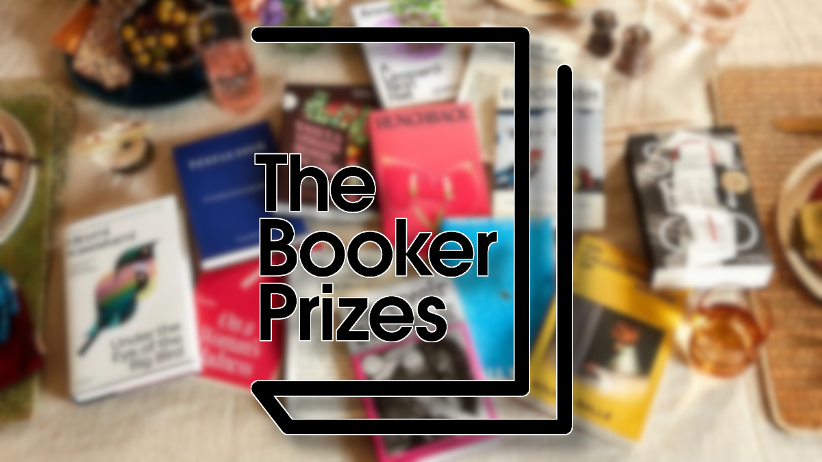 Booker Prize logo with some blurred books in the background.