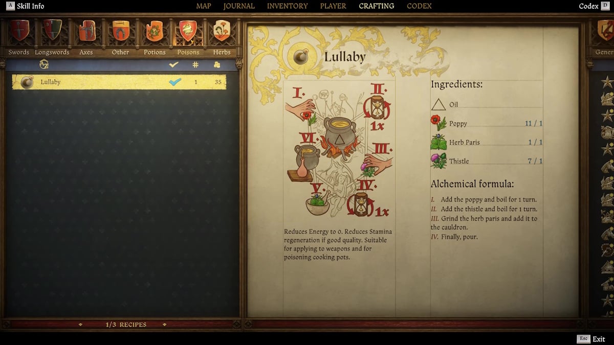 Kingdom Come Deliverance 2 - How to get and use poison - Poison recipe in the crafting menu