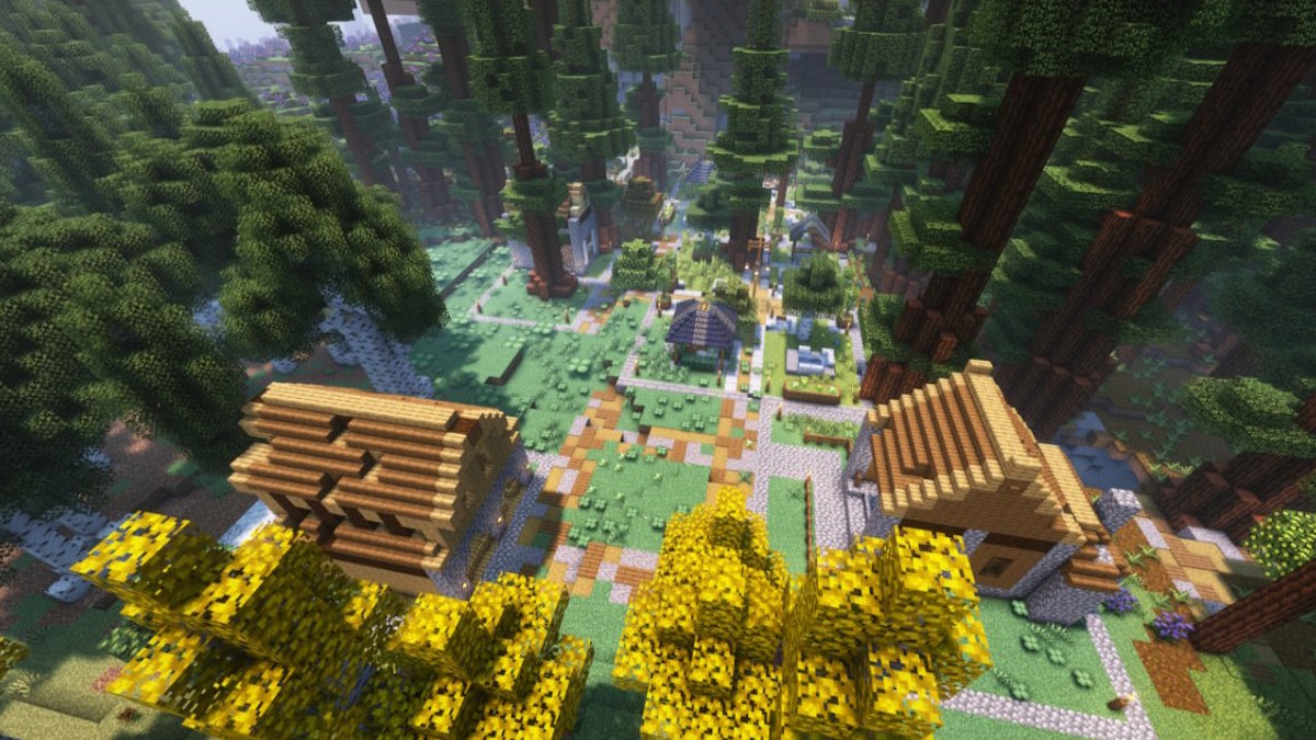 A small village as seen from above in the Minecraft mod MineColonies