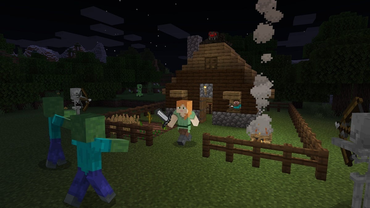 Minecraft: zombies advance on a house at night as the player moves to defend it,