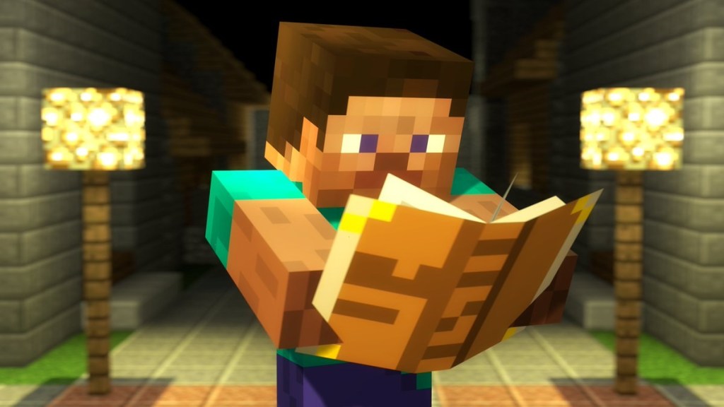 Minecraft: Steve reading a blocky book in a dimly lit corridor.