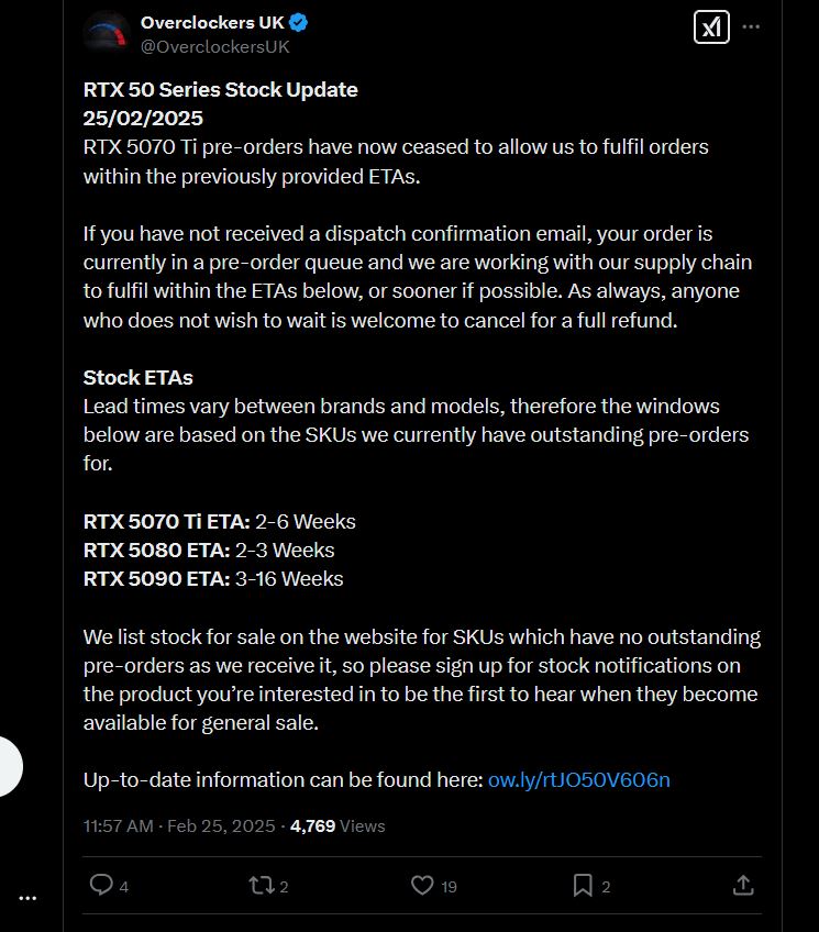 A screenshot from X showing a post from Overclockers UK about Nvidia RTX 5000 GPU wait times.