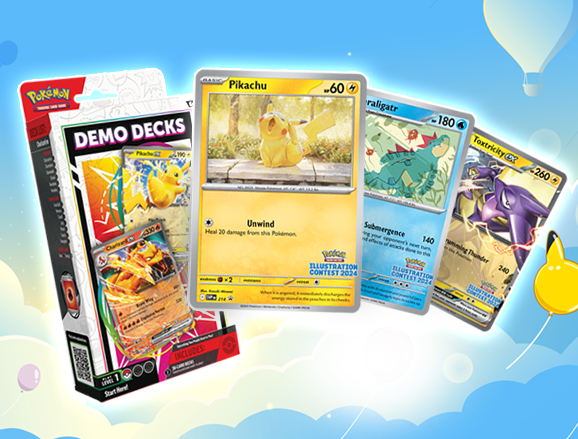 PIkachu ex and Charizard ex demo decks on the left with the Illustration Contest cards on the right.